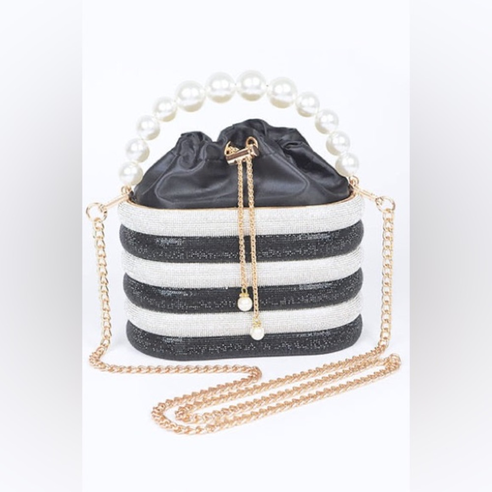 Faux Pearl Handle Rhinestone Statement Bucket Clutch